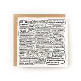 Thoughtful sympathy card for grieving a loss that has a white background and black flowchart that asks, "Am I Grieving Correctly?" All of the bubbles lead to the answer that there is no right or wrong way to grieve.