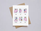 Valentine’s Day card with six illustrations of couples side by side under pink blankets with text side by side forever and ever