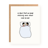 Romantic card with illustration of couple in bed and text expressing joy in choosing each other repeatedly over time