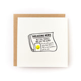 Better Things Ahead Newspaper Letterpress Card with uplifting newsprint design and kraft envelope, blank inside, 4.75 inch square.