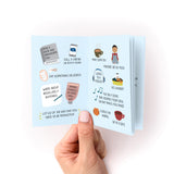 Things to Do When You're in a Depressive Spiral Zine featuring illustrated self-care activities on light blue cover, including reading, calling friends, drinking tea, listening to music, and relaxing at a cafe. Hand-drawn icons and text arranged in a comforting layout, shown being held by a hand against white background.
