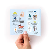 Things to Do When You're in a Depressive Spiral Zine shown open, displaying colorful illustrations of self-care activities like going outside, taking a shower, and making food, arranged on a light blue background with simple icons and text suggestions for managing difficult days.