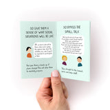 How to Care For Your Introvert Zine shown open to pages with illustrated advice. Left page shows tips about social situations, right page discusses bypassing small talk, featuring simple cartoon figures on mint green pages held by fingers.