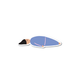 Lying Down Sticker showing a person in blue lying flat, matte vinyl, durable, dishwasher safe, 3 inches long.