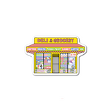 NYC Bodega Sticker showing a colorful deli and grocery storefront with various product signs on durable vinyl.