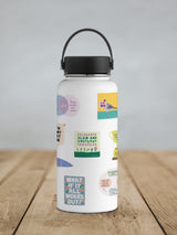 White water bottle with black lid featuring colorful inspirational vinyl stickers including slow and unsteady progress message