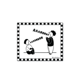 Black and white illustration showing two people facing each other, one sitting on the ground and the other standing, both yelling "AAAHHHHH" with stylized text in a checkered border.