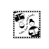 Black and white illustration of two simple figures, one upright and one upside down, both reading books, surrounded by the phrase "make time to read books" in a checkered border.