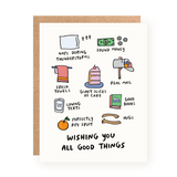 Birthday card with illustrations of simple joys like cake, hugs, good books, naps, and fresh towels on white background.