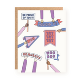 Congratulations card with diverse hands holding colorful banners and signs celebrating achievements on white background