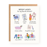 Birthday card with illustrations and wishes for introverts including alone time, canceled plans, hobbies, and cozy comforts on white background