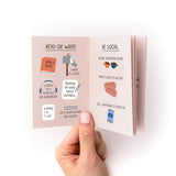 Open pages of "30 Things to Do Instead of Looking at Your Phone Zine" showing illustrated activities like reading books, writing letters, listening to podcasts, journaling, and being social, displayed on a pink background with simple line drawings and icons.