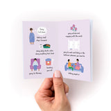 Hand holding open mini zine with illustrations showing small acts of resilience and self-care on lavender pages.