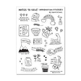 Self Care Sticker Sheet Variety Pack featuring hand-drawn affirmation stickers with positive messages, including motivational quotes, rainbows, flowers, stars, and comforting objects like tea cups and jars. Black and white illustrations perfect for journaling and self-care activities.