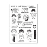 Cute sticker sheet with positive feminist stickers, which have activist illustrations that say things like Stronger Together and The Future is Intersectional. The stickers have black and white illustrations printed on a transparent background.