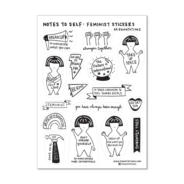 Cute sticker sheet with positive feminist stickers, which have activist illustrations that say things like Stronger Together and The Future is Intersectional. The stickers have black and white illustrations printed on a transparent background.