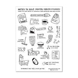 Self Care Sticker Sheet Variety Pack featuring hand-drawn mental health reminders and daily wellness activities including reading, calling friends, drinking tea, cleaning, exercising, cooking, listening to music, and taking relaxing baths, designed in black and white minimalist style.