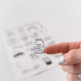 Photo of a hand holding a cute clear sticker.  The sticker has a positive affirmation message that says, Today I Will Protect My Joy.