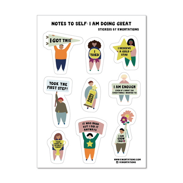 9 stickers on clear sticker sheet of encouragement doing a great job and trying is enough. all stickers have a person holding a trophy with wording