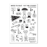 Cute sticker sheet with positive self care stickers, which have affirming illustrations that say things like You Got This and Was Kind To Myself.  The stickers have black and white illustrations printed on a transparent background.  