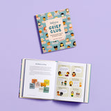 Welcome to the Grief Club book with signed bookplate, featuring a colorful illustrated cover with diverse character faces on turquoise pattern. Book shown open displaying interior pages with comforting illustrations and supportive messages about grief against purple background.
