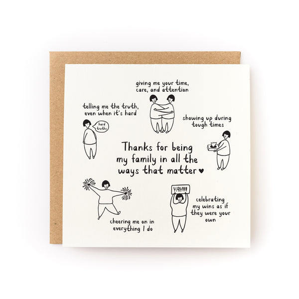 Thank you card for friends who are chosen family, card reads "Thanks for being my family in all the ways that matter" surrounded by characters cheering, telling truths, comforting, and caring. White card is paired with a kraft envelope.