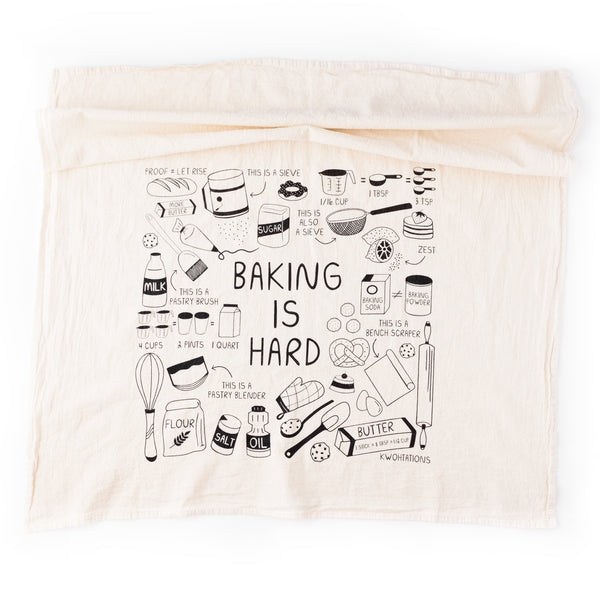 Funny dish towel with illustrations of common baking measurements and baking questions. 28" x 29" cotton flour sack tea towel with black screen printed illustrations, including how to zest, what a pastry blender is, measurement equivalents, and what proof means