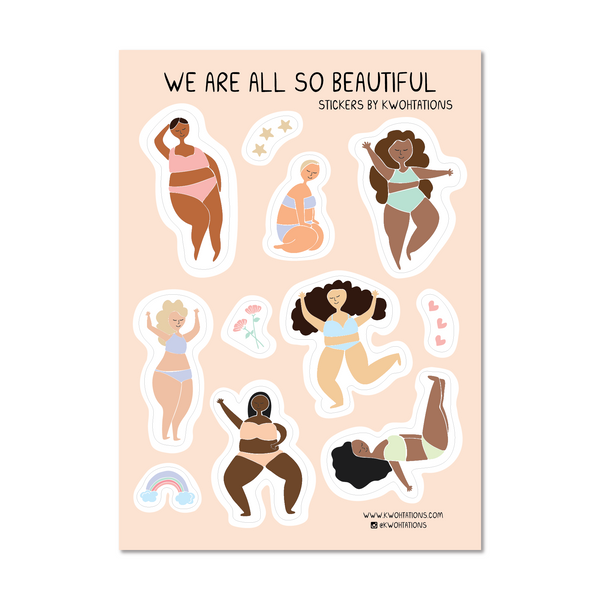 Cute vinyl sticker sheet with stickers of diverse women's bodies, of different skin colors and body shapes. The stickers have a pink background.
