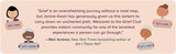 A collection of minimalist cartoon faces with diverse expressions on a pink background, surrounding a quote about grief from Mari Andrew praising Welcome to the Grief Club book, showcasing emotional support and community during difficult times.