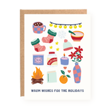 Holiday card featuring a collection of cozy winter illustrations, including hot cocoa, a pair of socks, a warm hat, a tea jar, popcorn, and string lights. The design captures the warmth of holiday gatherings