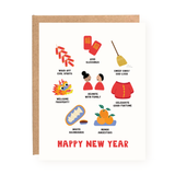 Holiday card celebrating Lunar New Year traditions with illustrations of red envelopes, oranges, firecrackers, and a dragon, symbolizing blessings and prosperity