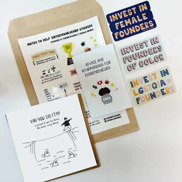 For the entrepreneur care package featuring inspirational stickers, entrepreneurship advice zine, and congratulatory card with supportive messages for diverse business founders, displayed on white background with kraft paper envelope