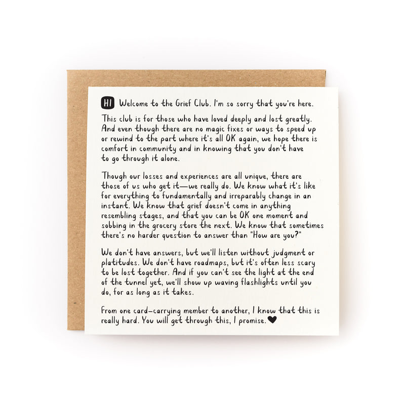 Welcome to the Grief Club letterpress card featuring handwritten message of support on white cardstock, paired with kraft brown envelope. Text offers compassionate words about grief, loss and healing in black letterpress print on a square white card.