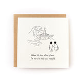 Rebuild Sandcastle Letterpress Card showing two figures with buckets facing a sandcastle and uplifting message below.