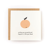 Lucky Orange Lunar New Year Letterpress Card with simple orange illustration and prosperity greeting on white cardstock.
