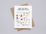 Greeting card featuring colorful hand-drawn illustrations and handwritten text listing positive aspects of winter, such as twinkly lights, hot cocoa, cozy sweaters, campfires, snacks, comfort foods, and the transition to spring, set on a white background with a kraft envelope behind.