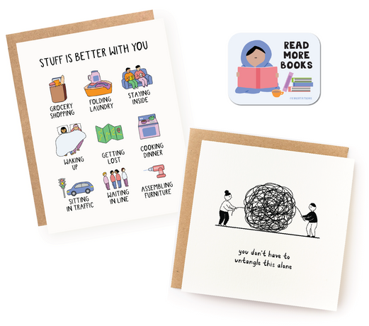 Two folded cards on white with illustrations about everyday life and support, plus a sticker showing a person reading with books nearby
