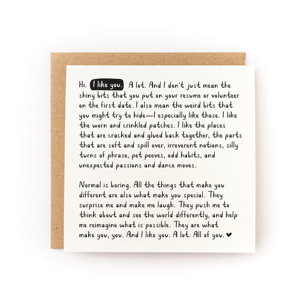 I Like You. A Lot.  All of You. Letterpress Card