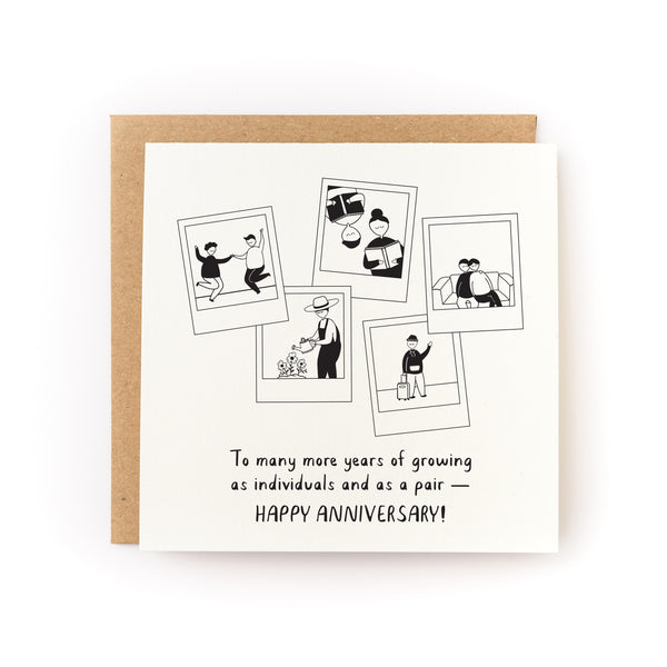 Anniversary Polaroids Letterpress Card with illustrations and anniversary wishes on soft white cardstock with kraft envelope.