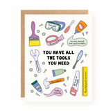 Encouragement card with illustrated tools symbolizing qualities like creativity, persistence, and resourcefulness on a white background