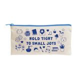 Beige fabric pouch with a blue zipper, featuring blue illustrations including a cat face, coffee cup, book, smiley face envelope, music note, candle, ice cream, fruit, dog face, flowers, noodles, sun, paintbrush, pants, books, and a potted plant, surrounding the phrase "Hold Tight to Small Joys.
