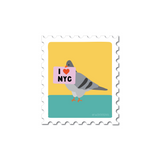 NYC Pigeon Stamp Sticker featuring a pigeon holding an I heart NYC sign printed on durable vinyl.