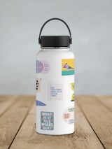 White water bottle with motivational and calming vinyl stickers including a note about not everything needing to be solved today