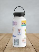 White water bottle with various colorful vinyl stickers including a floral bouquet and motivational phrase about holding tight to small joys