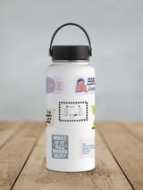 White water bottle with a black lid and handle, decorated with various colorful and black-and-white stickers including a cartoon of two figures near spilled milk with the text "well, fuck" inside a checkered border.