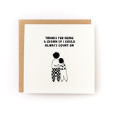 Mother's Day card with illustration of two people hugging and text thanking a grown-up to count on