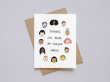 Thank you card with diverse illustrated faces surrounding the phrase about chosen family on white background