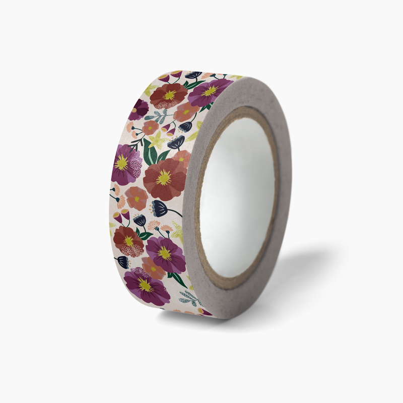 Flowers For You Washi Tape featuring vibrant watercolor floral pattern with pink, purple, and coral blooms against white background, showcasing delicate leaves and botanical designs on decorative paper tape roll. Close-up view showing 15mm width tape with artistic garden motif.