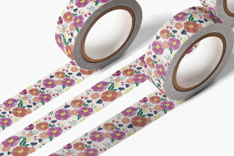 Flowers For You Washi Tape featuring delicate watercolor floral pattern in purple, peach, and pink tones with green leaves on white background, displayed as two parallel decorative tape rolls with exposed adhesive core, showcasing the repeating floral design on 15mm width tape