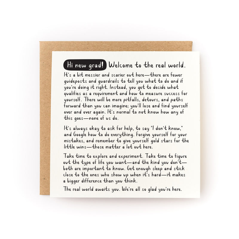 Hi New Grad Letterpress Card featuring an inspirational message printed in black text on white cardstock, paired with a kraft paper envelope. The card contains heartfelt advice about navigating life after graduation, presented in a clean, minimalist design with letterpress printing details.